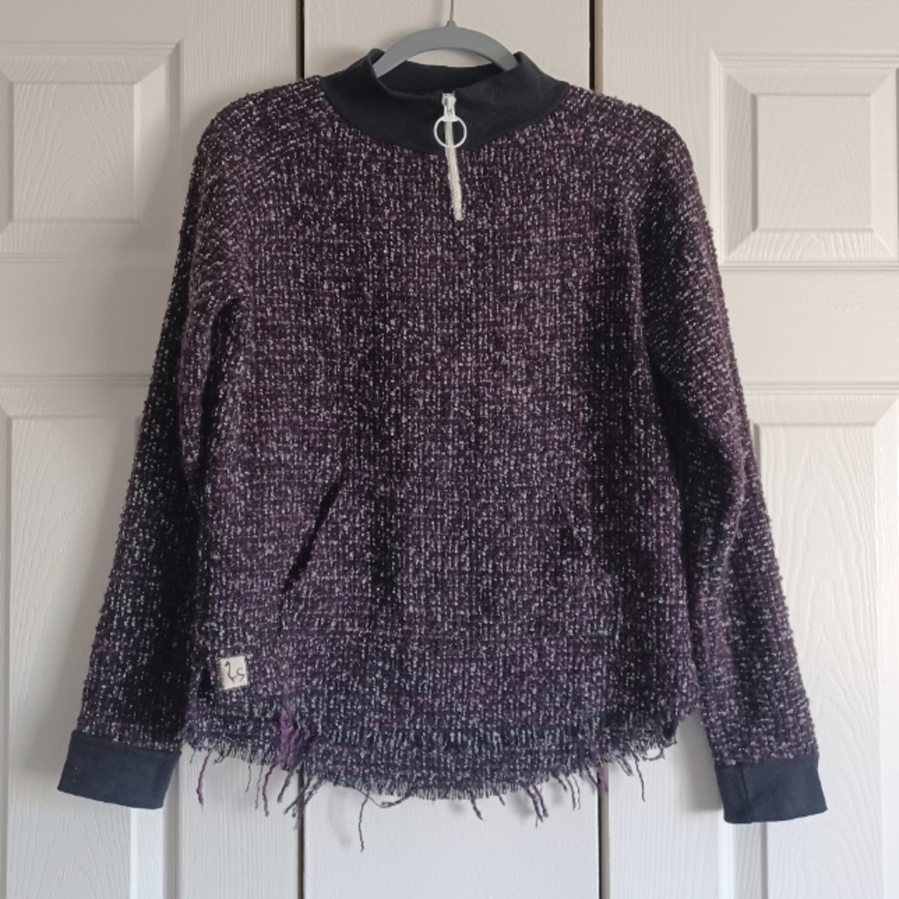 Handmade Wool Blend Purple Pullover Sweatshirt With Quarter Zipper And Pocket